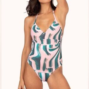 LIVELY Pink and Green One Piece Swimsuit Brushstroke Print Medium